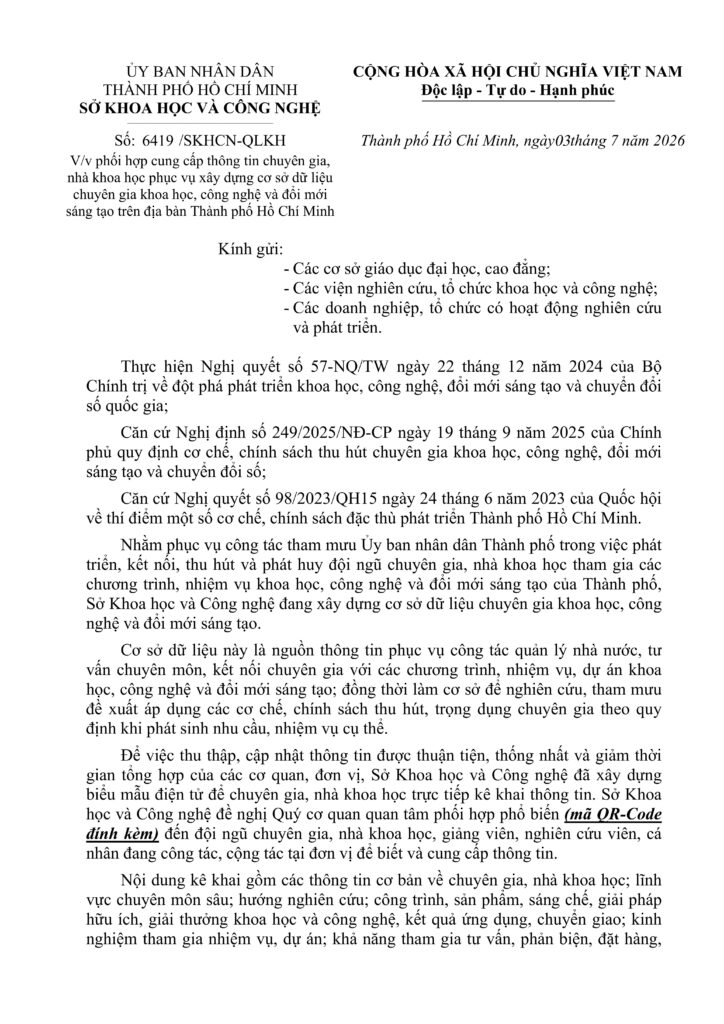 Sở KH&CN TP.HCM triển khai thu thập thông tin chuyên gia, nhà khoa học trên địa bàn TP. Hồ Chí Minh cv ho tro cung cap thong tin chuyen gia trang 001